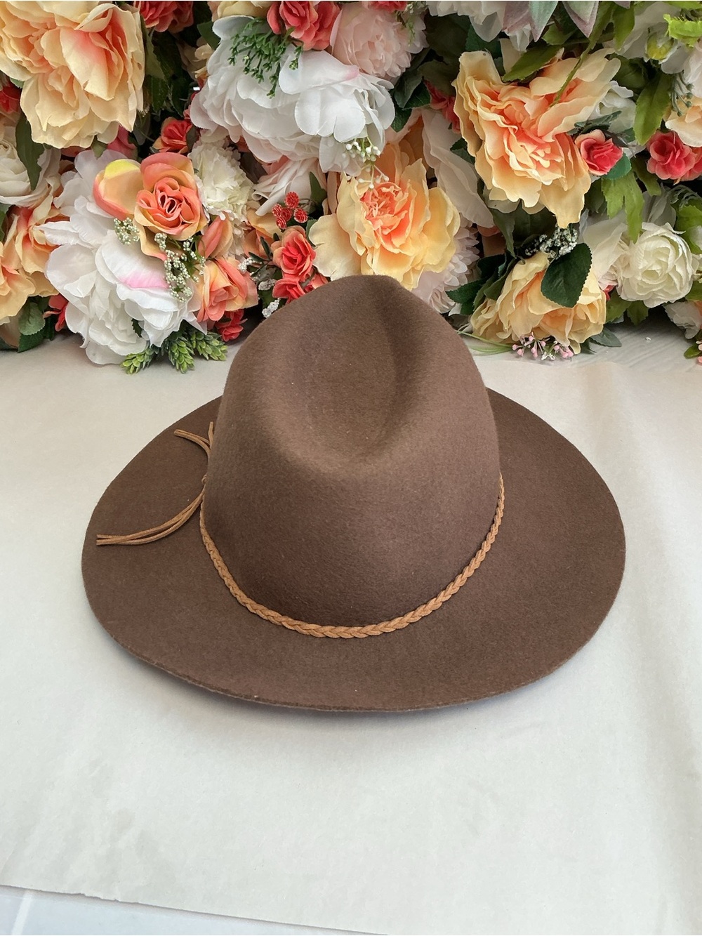D&Y Brown 100% Wool Felt Wide Brim Fedora Hat Braided Suede Tie One Size - Picture 3 of 10
